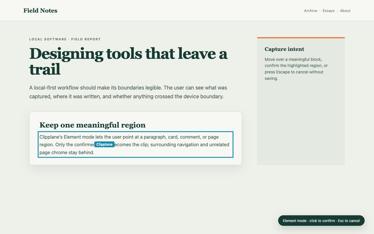 Clipplane Element picker highlighting one region on a page