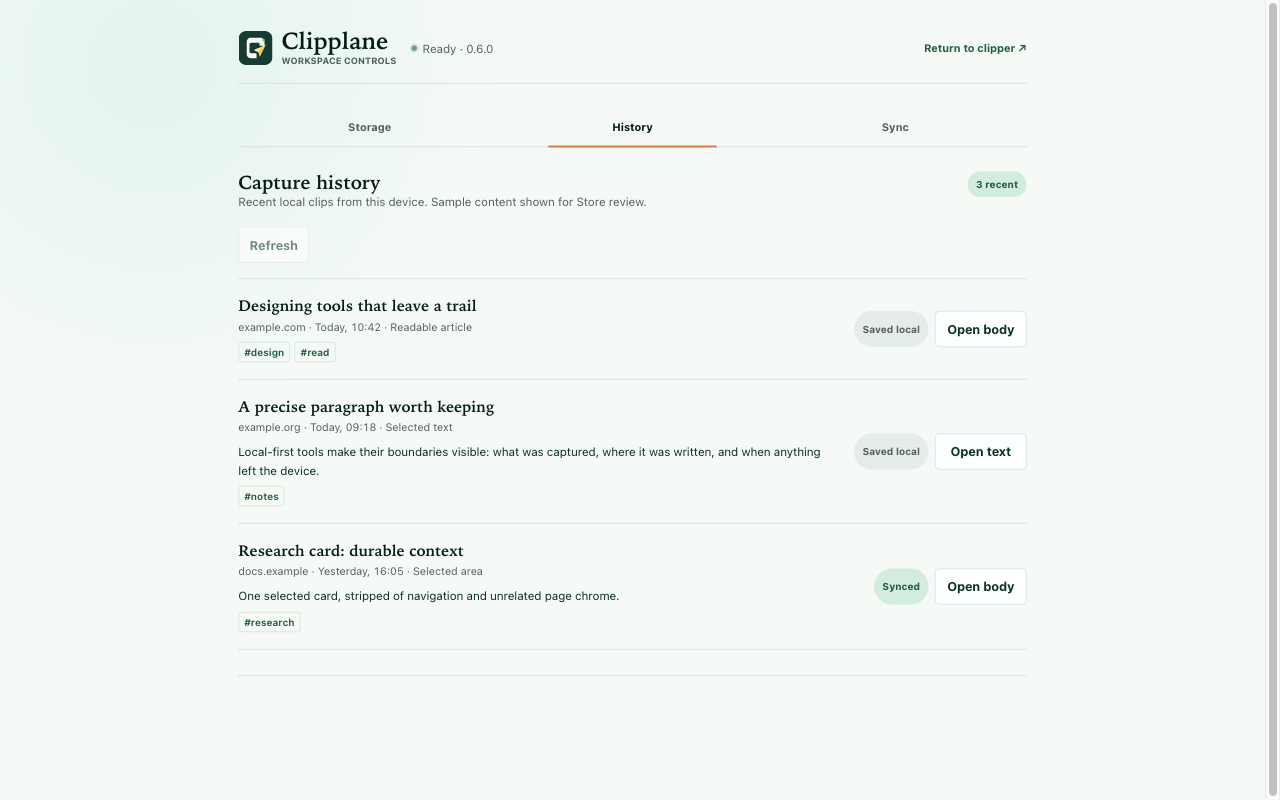 Clipplane local history showing capture methods and previews