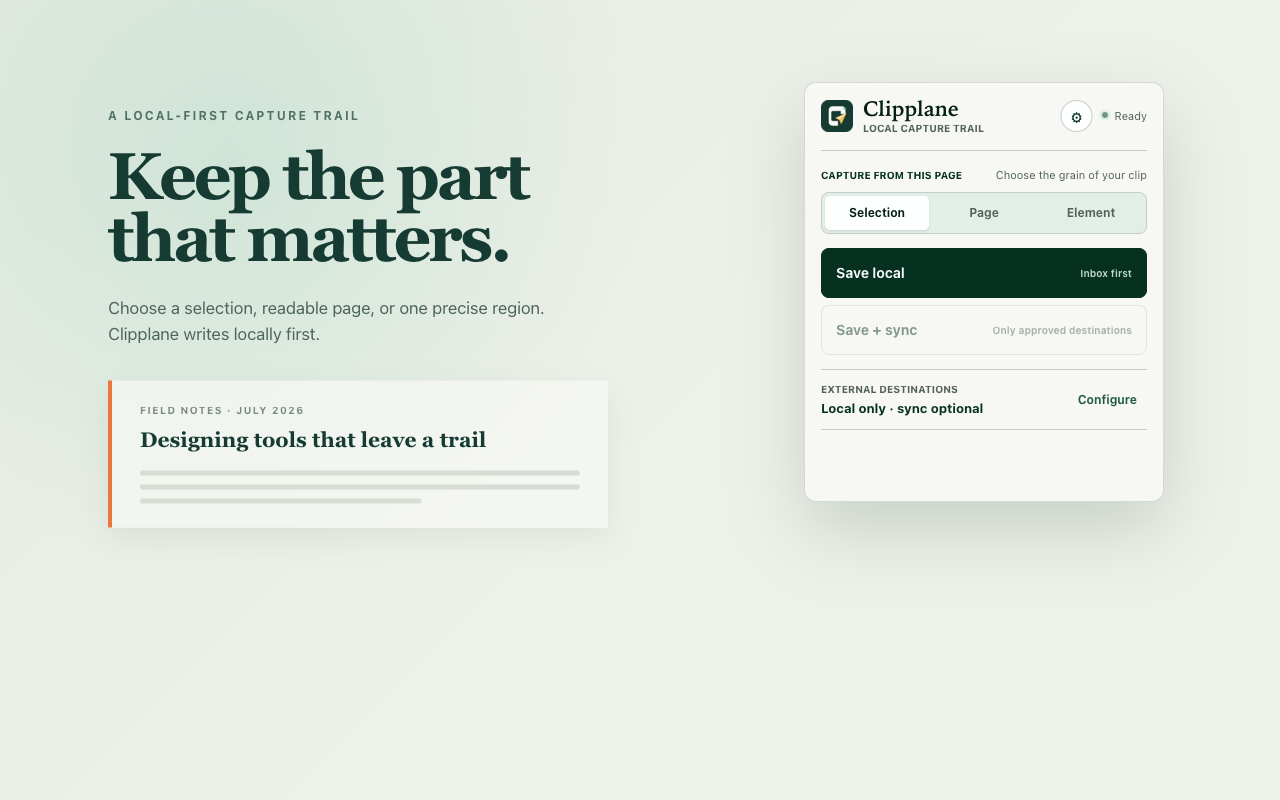 Clipplane popup with Selection, Page, Element, Save local and Save plus sync controls