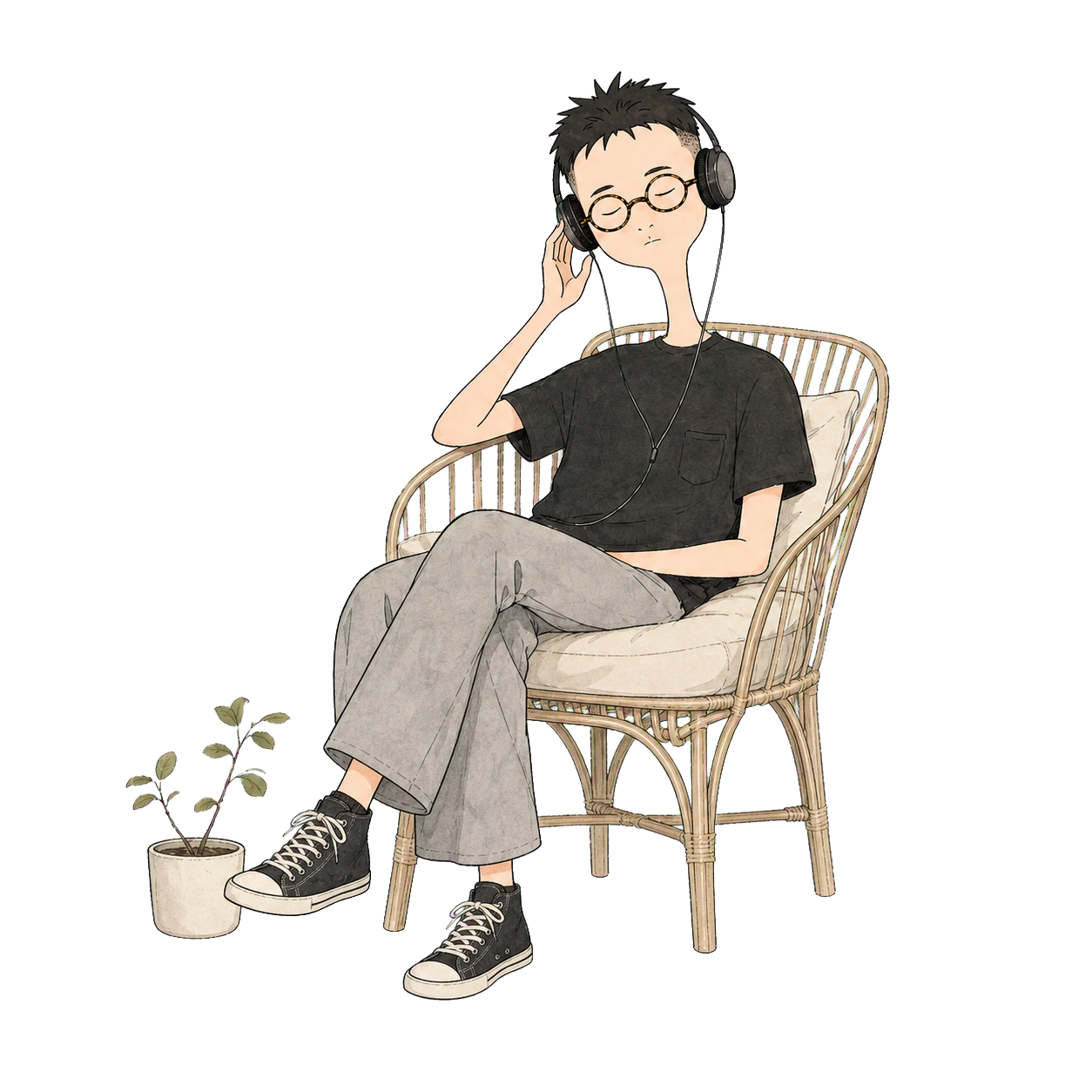 Kenny listening to music in a rattan chair
