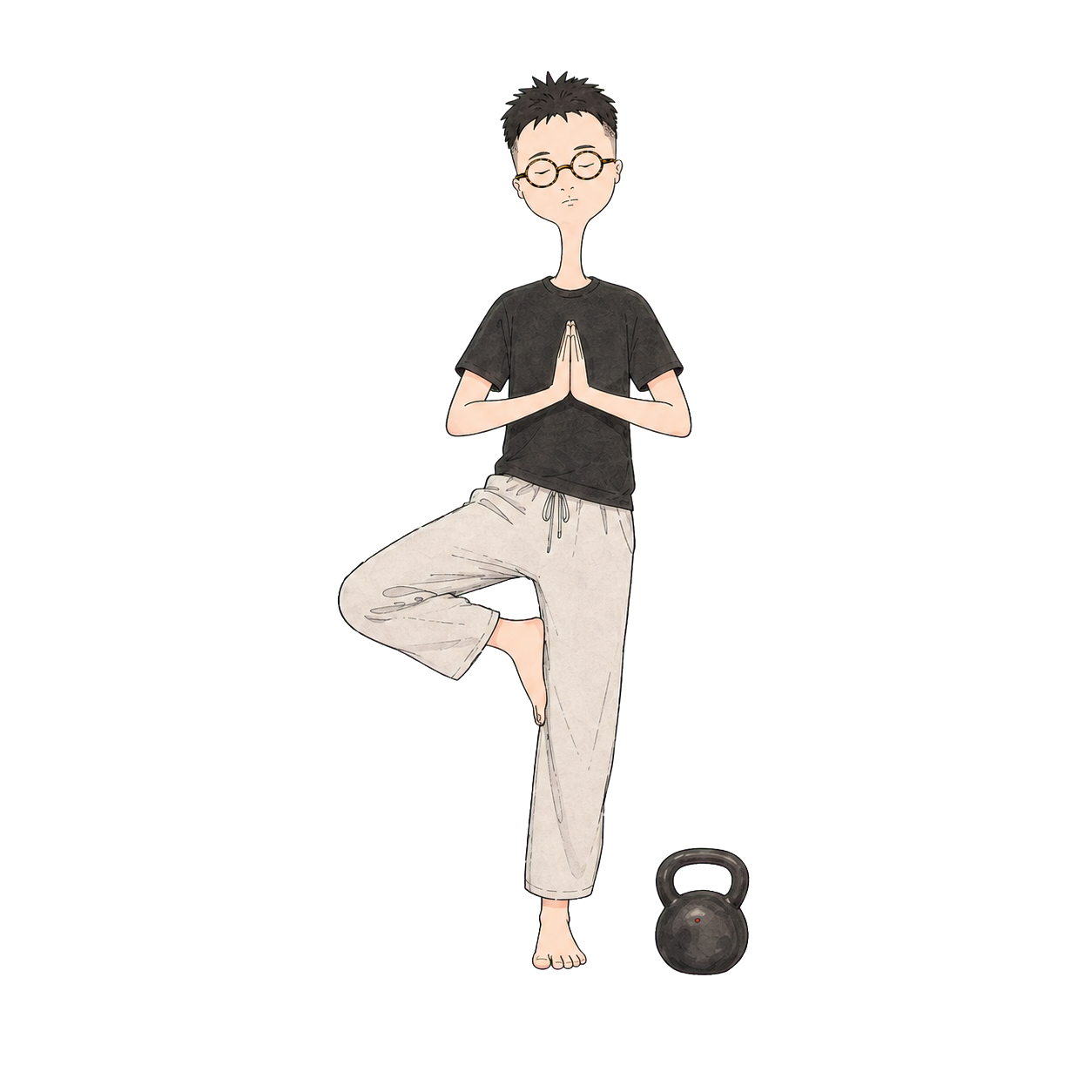 Kenny balancing in a yoga pose beside a kettlebell