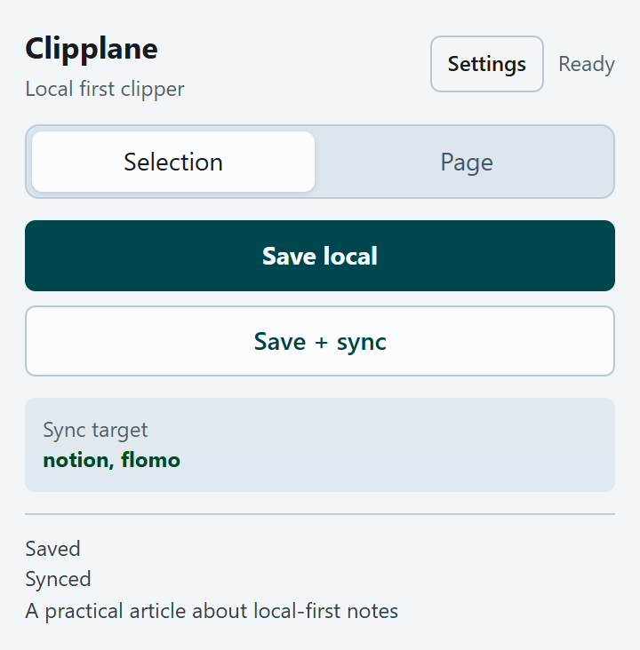 Clipplane browser extension popup
