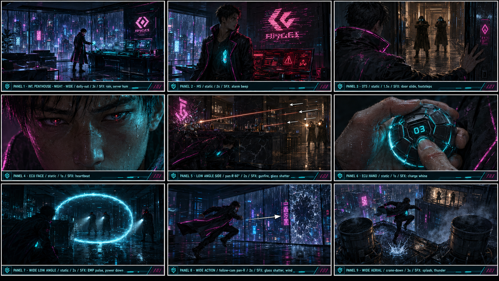 A nine-panel cyberpunk storyboard example