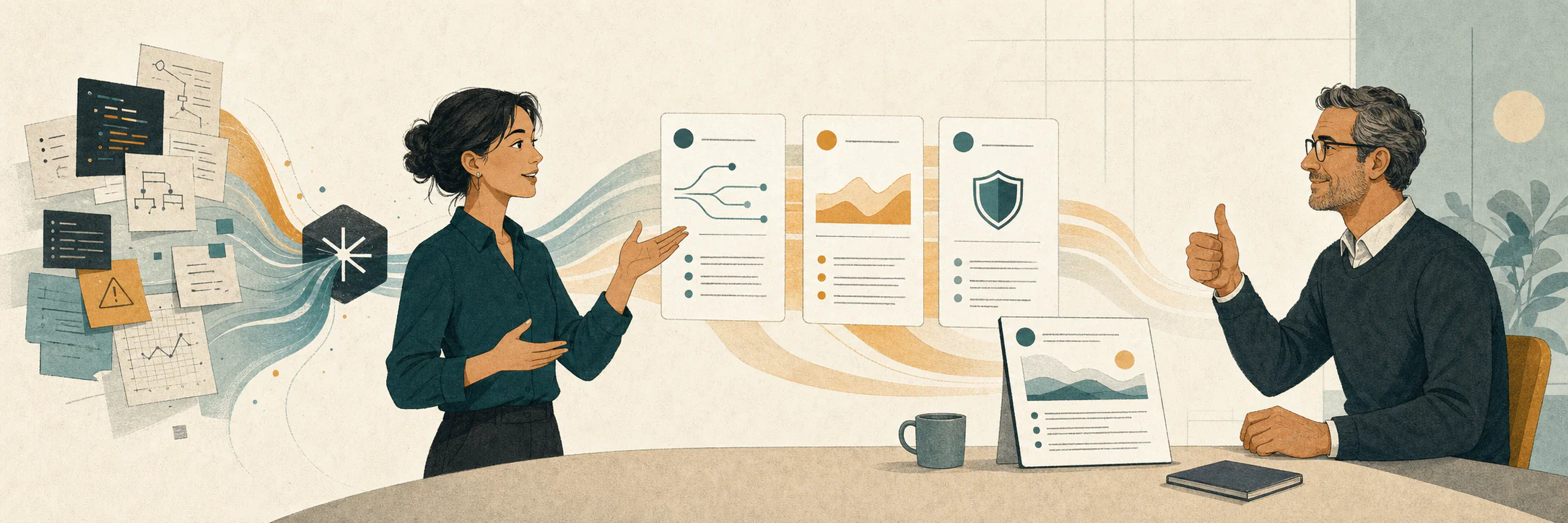 Tracework artwork showing work records becoming progress reports